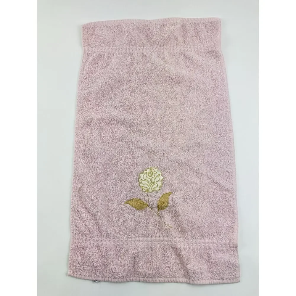 Cannon Bath Body Hand Towel Set Vintage Pink Floral Appliqué Gold Rose USA Flowe